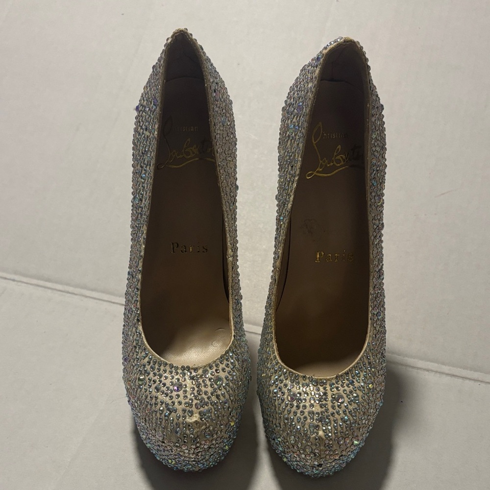 Christian Louboutin Sparkling Silver /Beige Heels Size 38 7.5